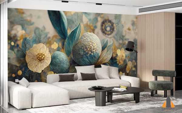 Floral gold and blue wall mural in a modern living room, perfect for wallpaper installations in Gauteng.