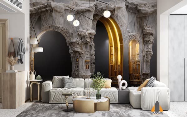 Dramatic grey and gold architectural arch wall mural in a modern living room setting.