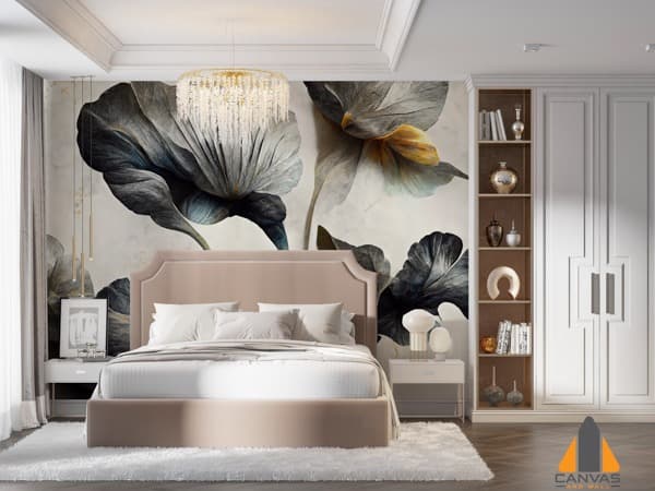 Bedroom with a large floral wall mural and elegant furnishings, showcasing wallpaper installations in Gauteng.