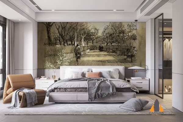 Sketch art wall mural featuring a park scene in a modern bedroom, available for wallpaper installations in Gauteng.