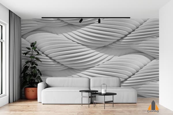 Modern living room with a 3D illusion white braided wall mural, a perfect custom wallpaper installation in Gauteng.