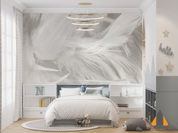 White feather wall mural in a child's bedroom with modern decor.