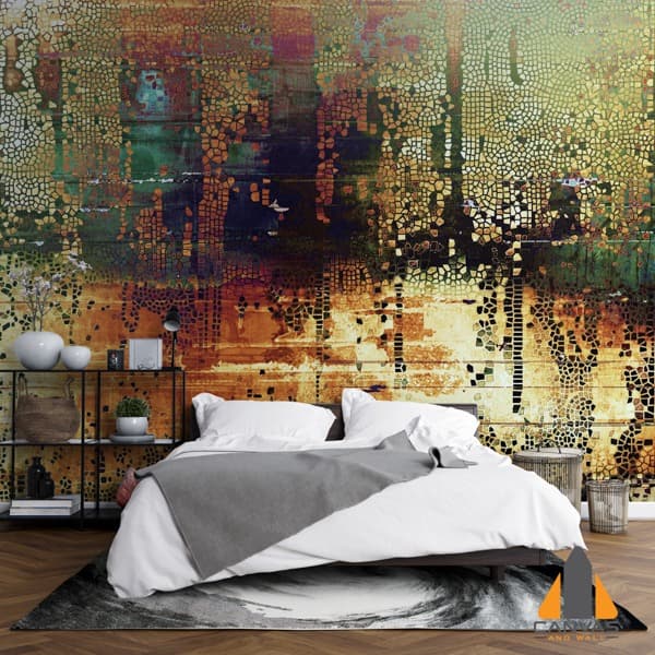 Grungy mosaic custom wallpaper in a modern bedroom with a black metal bookshelf.
