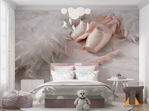 Pink ballet pointe shoes and white feathers wall mural in a child's bedroom; ideal for wallpaper installations in Gauteng.