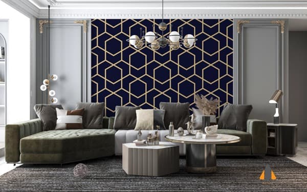 Stylish living room with navy and gold geometric wallpaper, perfect for wallpaper installations in Gauteng.