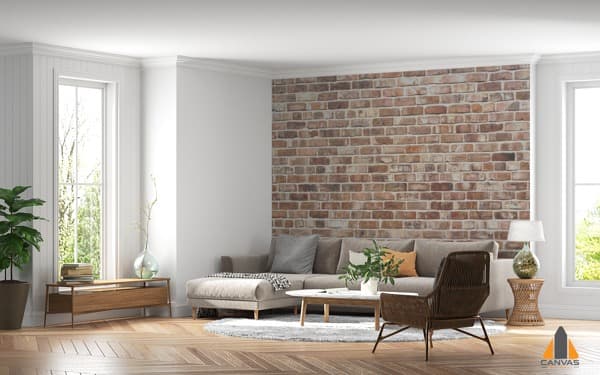 Modern living room with a brick effect wall mural, an ideal wallpaper installation for Gauteng homes.