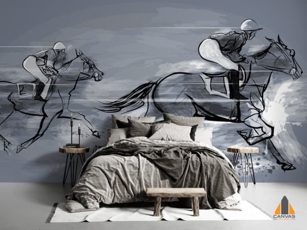 Sketch of horse riders on a dynamic wall mural in a grey bedroom.
