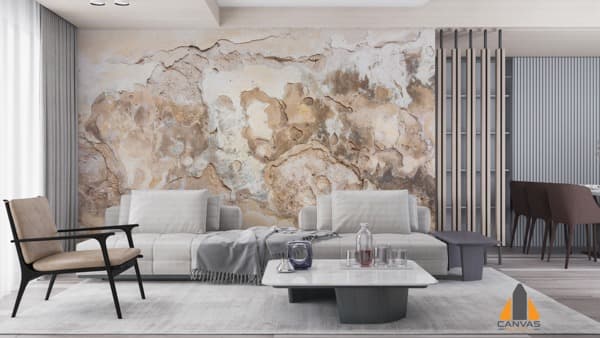 Distressed plaster texture wall mural behind a modern living room sofa, complementing wallpaper installations in Gauteng.