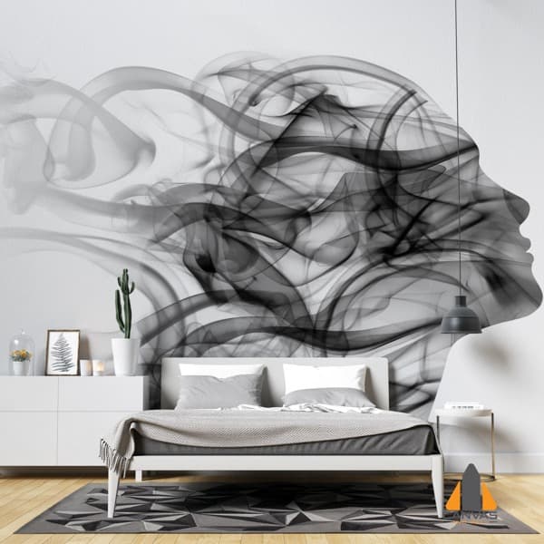 Abstract smoke human profile wall mural in a modern bedroom, showcasing unique custom wallpaper.