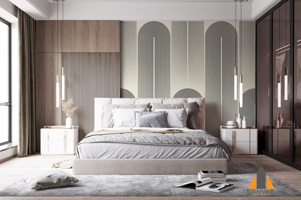 Bedroom with a cream and black geometric custom wallpaper installation behind the bed.