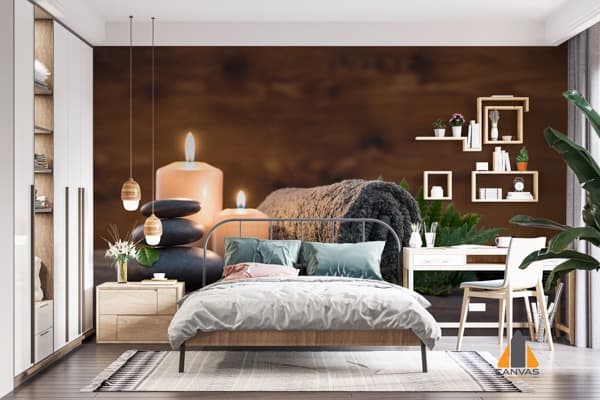 Bedroom featuring a tranquil spa-themed wall mural with candles and stones, ideal for wallpaper installations in Gauteng.