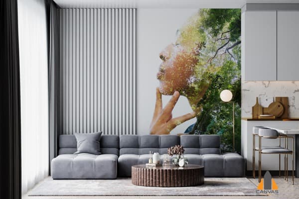 Double exposure portrait wall mural in a modern living room, expertly installed by our team in Gauteng.