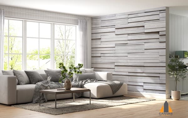 Stylish living room with a modern grey textured wallpaper, a perfect wall mural or custom wallpaper option.