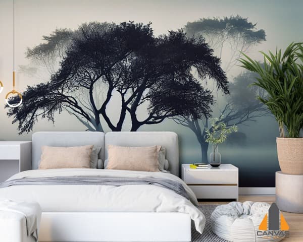 Misty tree silhouette wall mural in a modern bedroom, showcasing expert wallpaper installations Johannesburg.