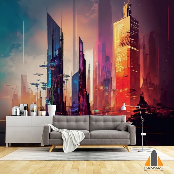 Digital illustration city skyscrapers wall mural in a modern living room