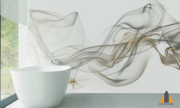 Abstract smoke and gold lines wall mural in a modern bathroom. Wallpaper installations in Gauteng.