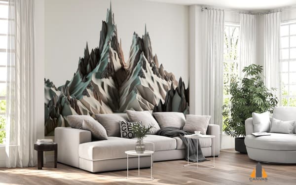 Digital mountain peaks wall mural in a modern living room, expertly installed by Canvas & Wall.
