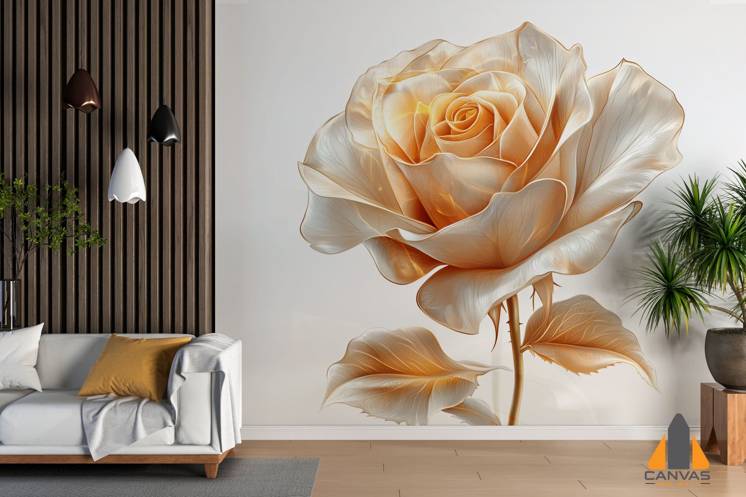 Large soft beige rose wall mural in a modern living room setting, ideal for wallpaper installations in Gauteng.