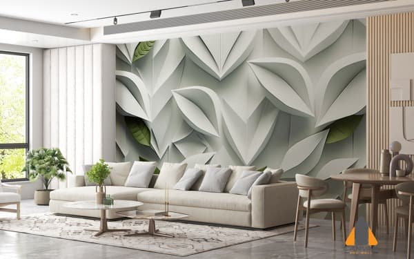 Soft geometric leaves wall mural installation in a modern living room setting.