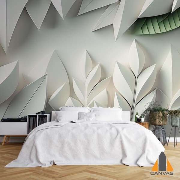 Soft geometric leaf wall mural in a serene bedroom with white bedding, ideal for wallpaper installations in Gauteng.