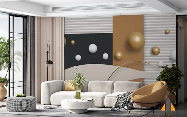 Abstract geometric wall mural with spheres in a modern living room for wallpaper installations Johannesburg.