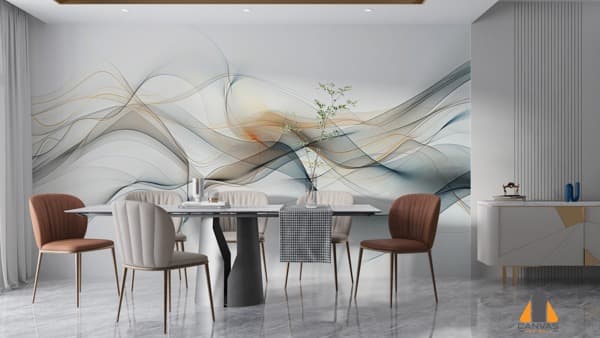 Spiritual Journey Through Lines Smoke wall mural in a modern dining room setting, showcasing a beautiful design.