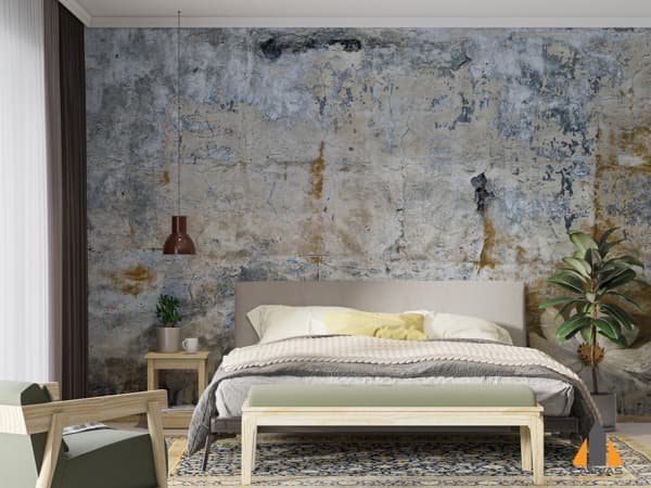 Distressed concrete wall mural in a modern, serene bedroom setup, available for wallpaper installations in Gauteng.