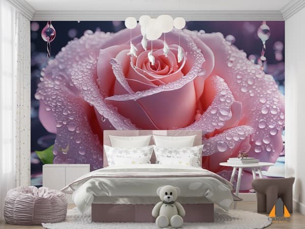 Pink rose with water drops custom wallpaper in a child's bedroom; wallpaper installations in Gauteng available.