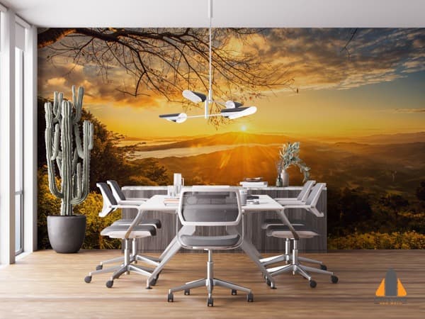 Vibrant sunrise wall mural over mountains in a modern office, ideal for wallpaper installations in Gauteng.