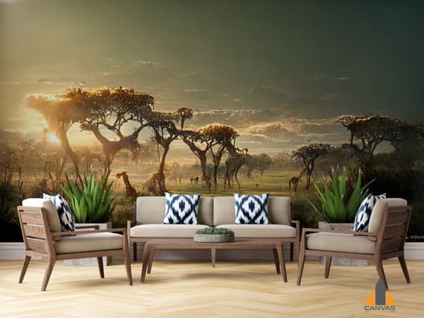 African savannah sunset wall mural in a modern living room, perfect for wallpaper installations in Gauteng.