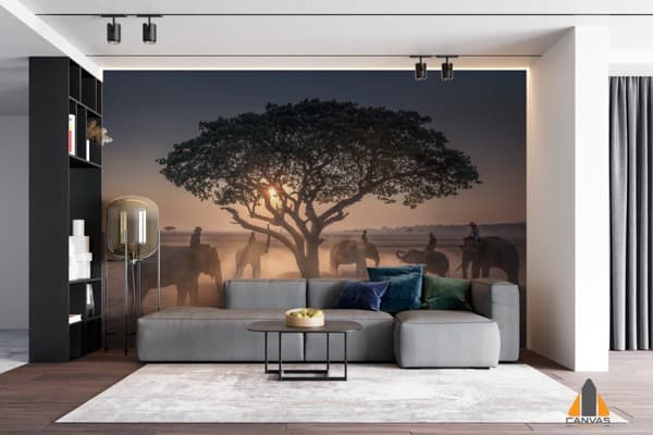 Sunset mahout with elephants wall mural in a modern living room, perfect for wallpaper installations in Gauteng.
