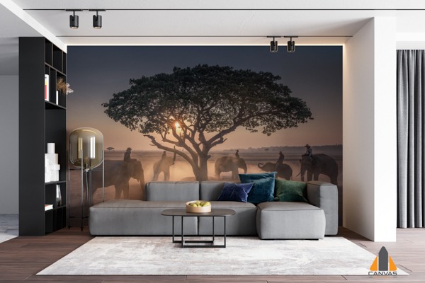Sunset mahout with elephants wall mural in a modern living room, perfect for wallpaper installations in Gauteng.