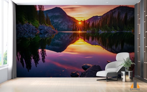 Sunset over mountain lake wall mural in a modern living room, perfect for wallpaper installations Johannesburg.