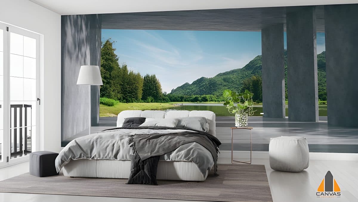 Bedroom with a serene lake and mountain wall mural for a calming retreat, offered with wallpaper installations in Gauteng.
