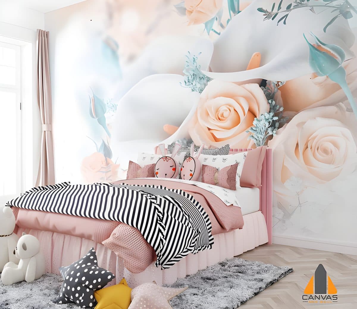 Floral wall mural with peach roses and white calla lilies in a child's bedroom, expert wallpaper installations.