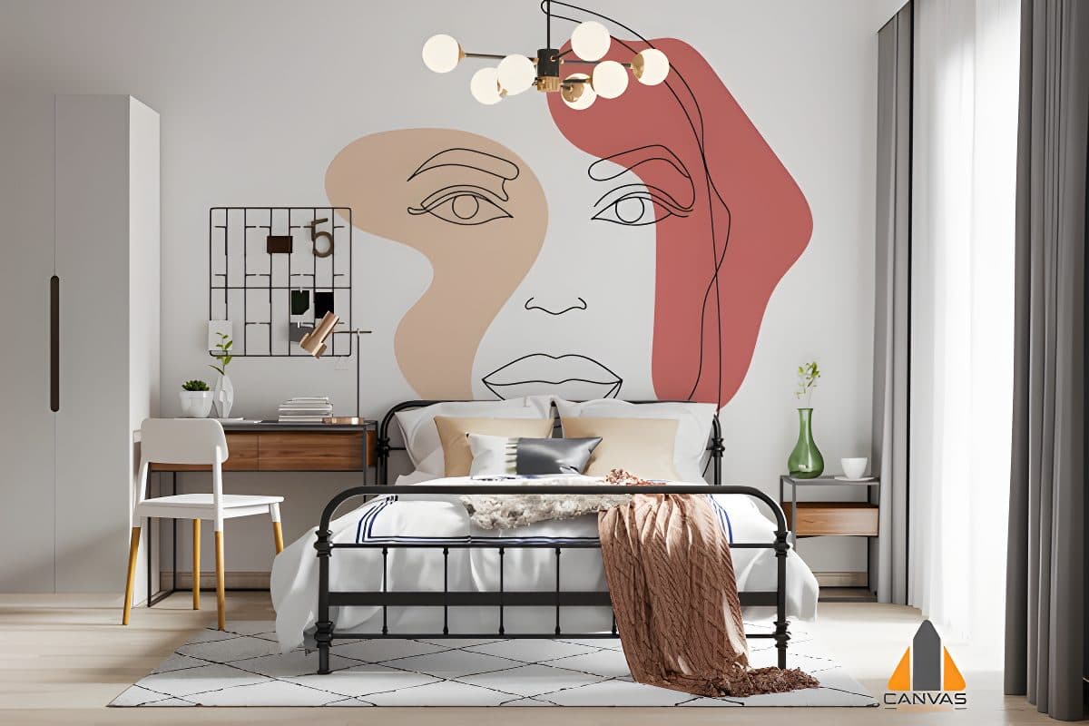 Modern bedroom with a minimalist line art face wall mural, perfect for custom wallpaper installations.