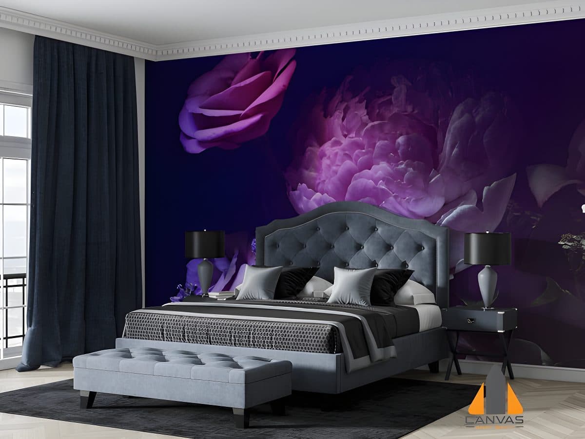 Dramatic purple floral wall mural transforms a modern bedroom with a luxurious, dark accent wall.