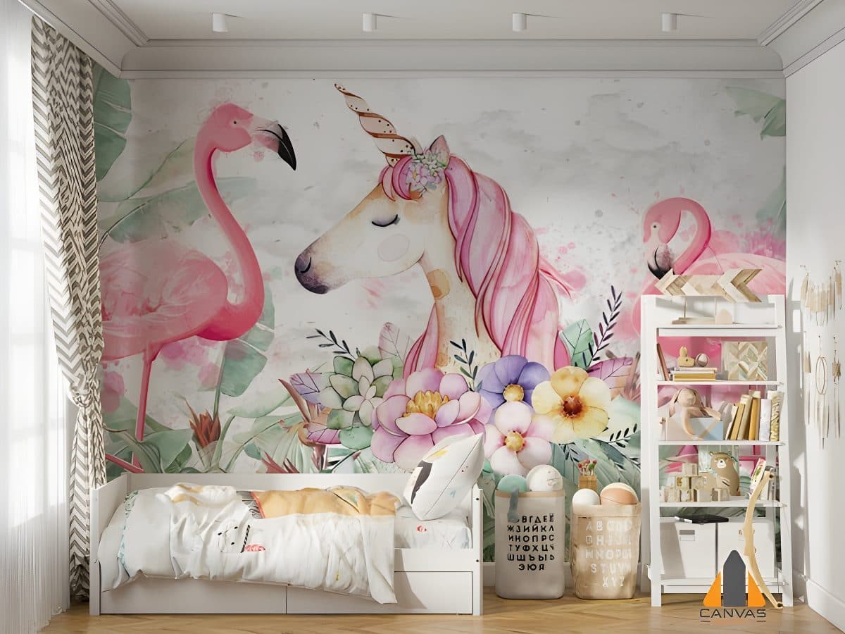 Pink flamingo and unicorn wall mural in a child's bedroom with a white bed and bookshelf.