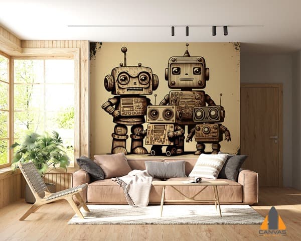 Family of vintage robots wall mural in a modern living room, perfect for wallpaper installations in Gauteng.