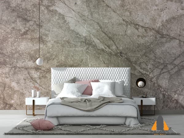 Cracked texture wall mural in a modern bedroom with a white bed and minimalist lighting.