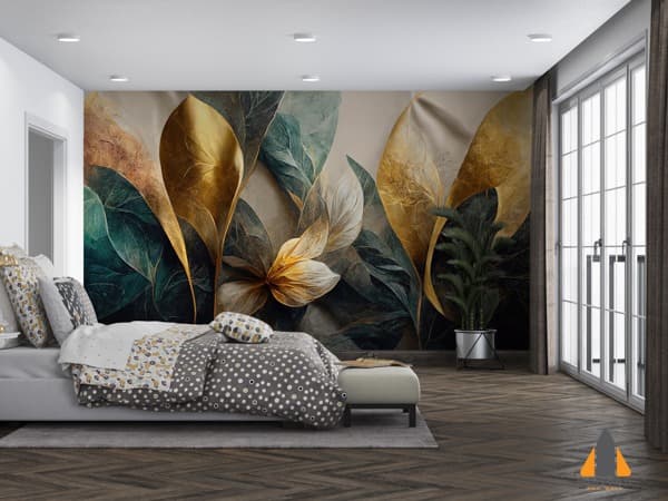 Textured abstract watercolor flowers with golden sheen custom wallpaper in a bedroom.