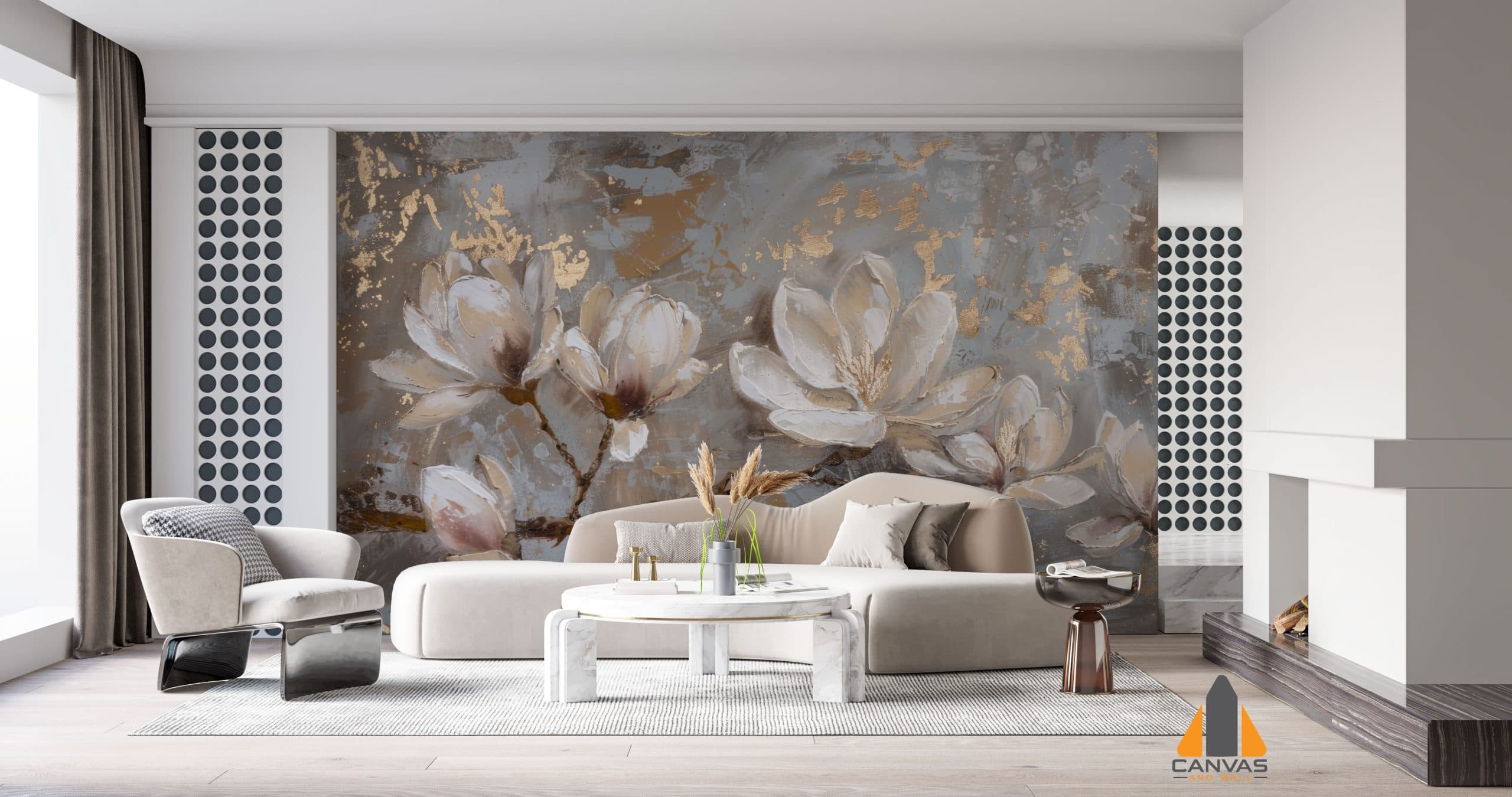 Magnolia floral accent wall mural in a sophisticated living room, perfect for wallpaper installations in Gauteng.