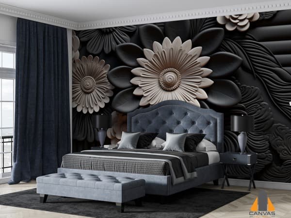 Dramatic 3D floral wall mural with black and grey flowers in a stylish bedroom, perfect for wallpaper installations in Gauten