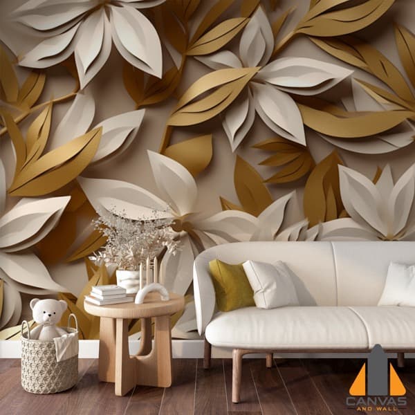 White and gold paper flowers wall mural in a modern living room, perfect for wallpaper installations in Gauteng.