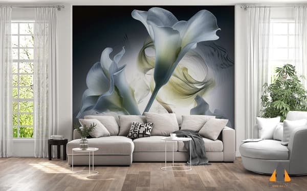 Three white flowers and sheet music wall mural in a modern living room, perfect for wallpaper installations Johannesburg.