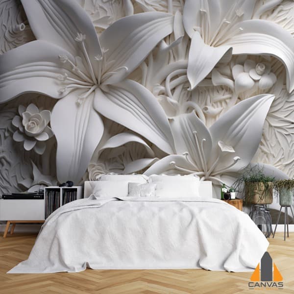 White paper cutout lilies wall mural in a modern bedroom, ideal for wallpaper installations in Gauteng.