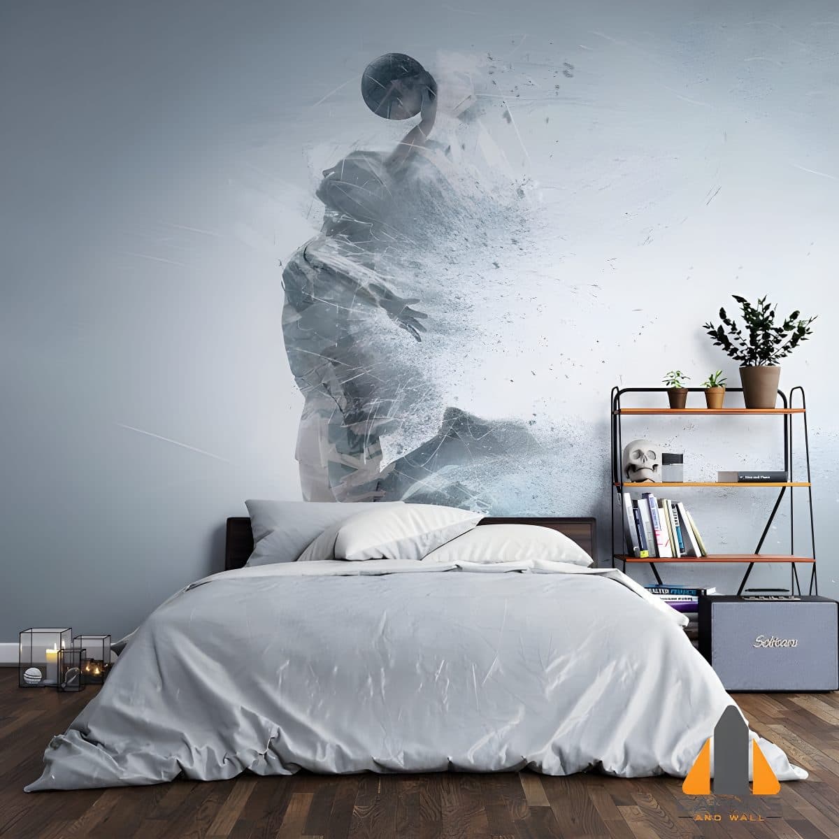 Dramatic basketball player disintegrating wall mural in a modern bedroom with light grey bedding.