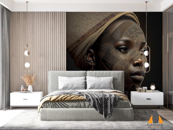 African woman wall mural with map blackwork in a modern bedroom, available for wallpaper installations in Gauteng.