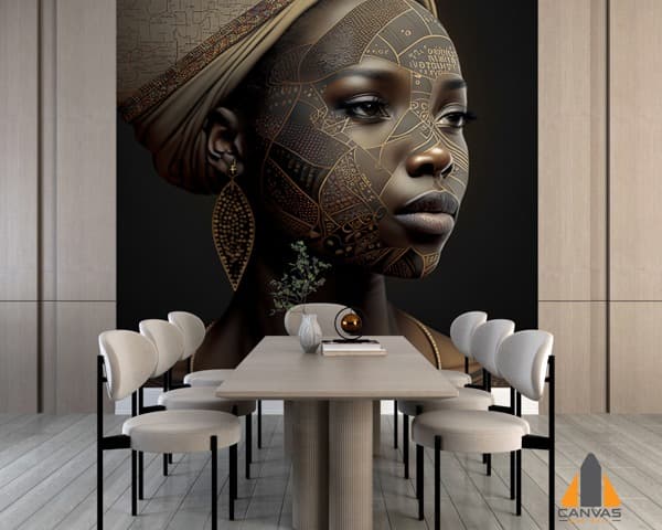Dramatic wall mural featuring an African woman with blackwork tattoos in a modern dining room setting.