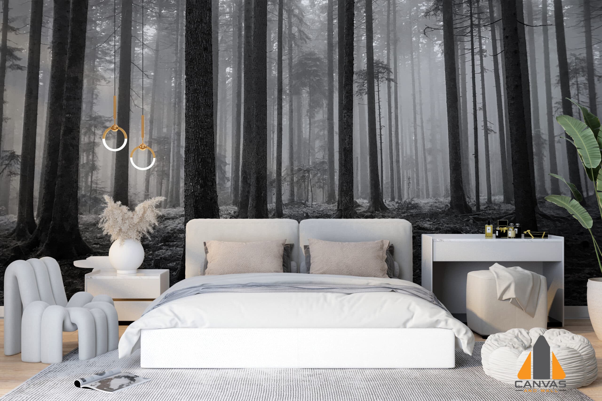 Misty forest wall mural in a modern bedroom, ideal for custom wallpaper installation in Gauteng.